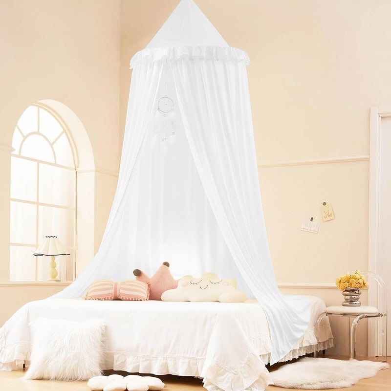 Akiky Kids Bed Canopy for Crib & Twin Size with Ruffles Dreamcatcher, Boys Princess Girls Nursery Room Decor Toddler Baby Dome Round Hanging Tent Curtains Skirt Over Bed Reading Nook Play Tents White - Image 1